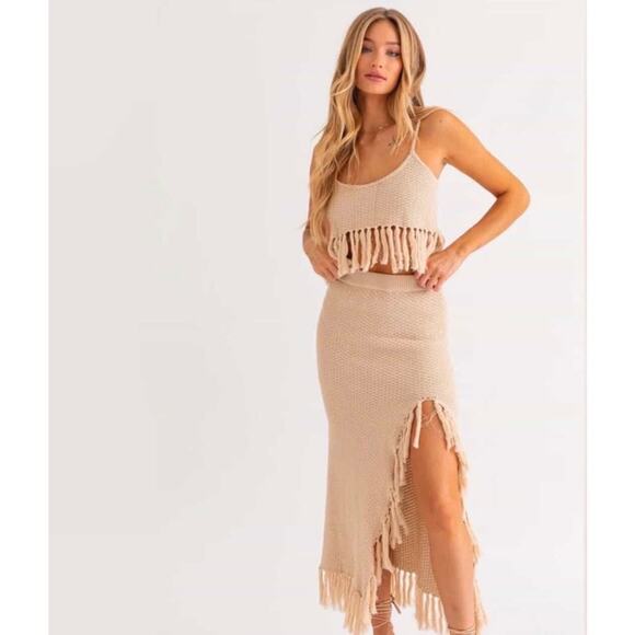 Le Lis Dresses & Skirts - Knit Fringe Skirt 2 piece Set Slit Crop Tank Coastal Resort Beach Boho Chi